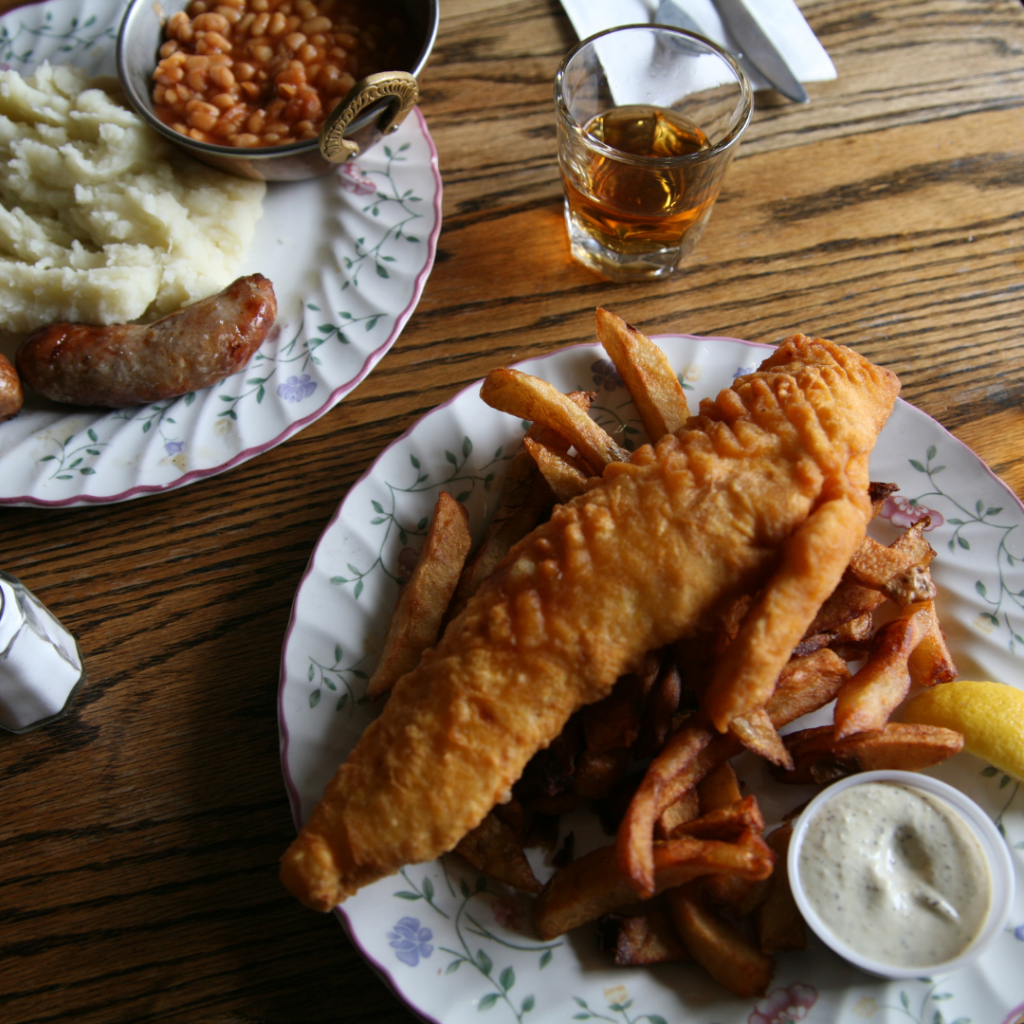 fish and chips, bangers and mash